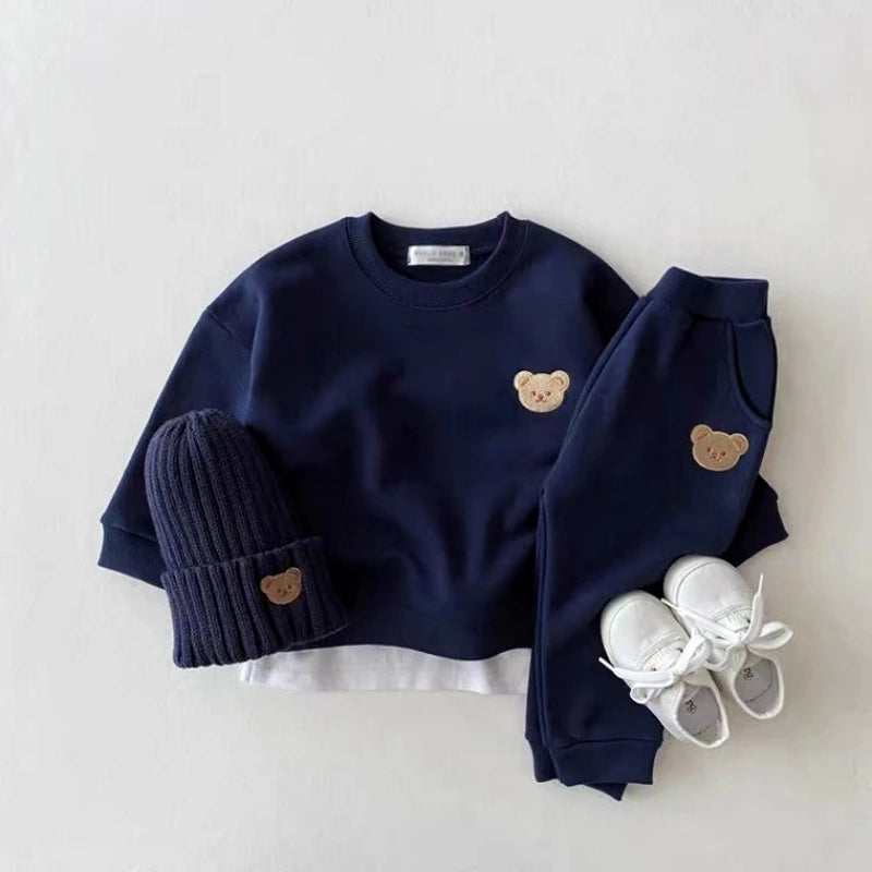 TZ21161 Korean Style children Toddler Fashionable Bear round Neck Sweatshirt Sports Pants Casual Outfit Set for Infants