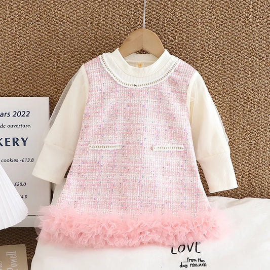 Autumn Baby Girl Plaid Mesh Patchwork Dress