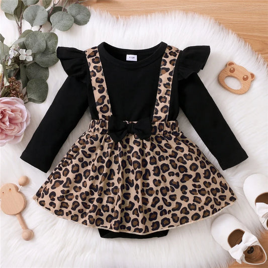 Newborn Baby Girl Leopard Print Dress Onesie with Bow