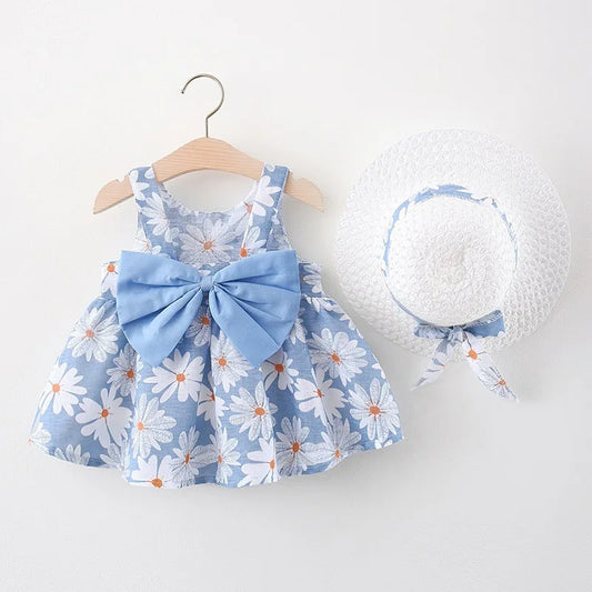 Summer Baby Girl Cotton Suspender Dress & Sun Hat