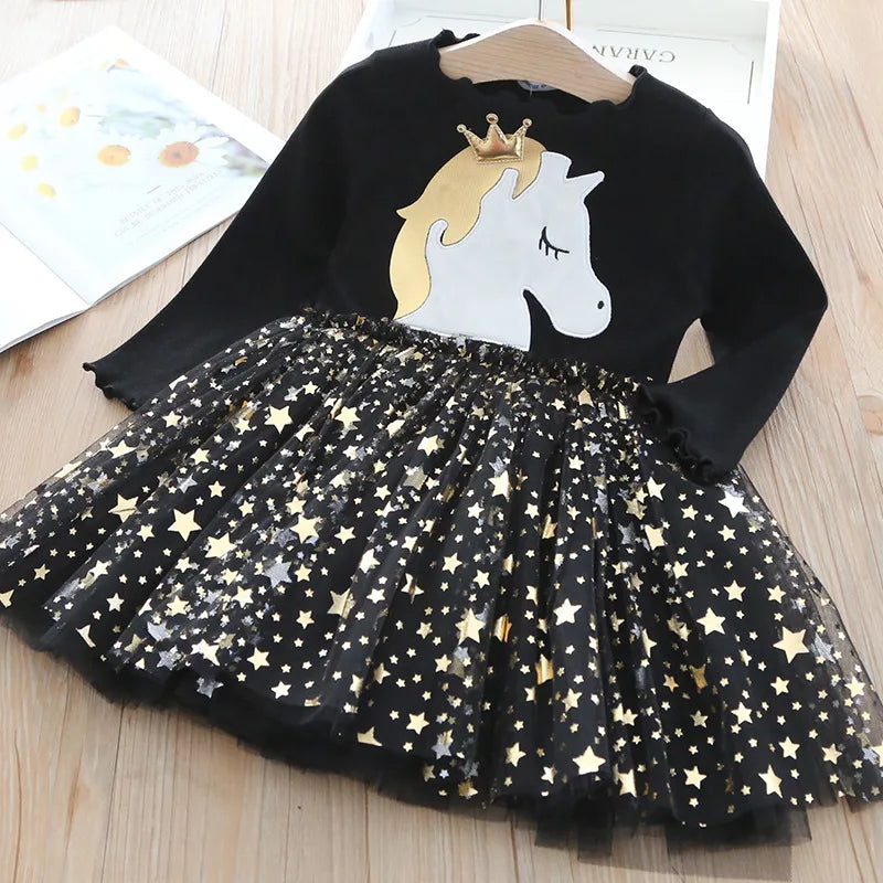 Baby Girl Cute Unicorn Dresses Summer Knitted Girls Dress Christmas Party Star Mesh Princess Dress Children Clothing