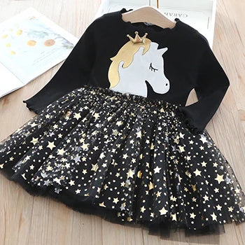 Baby Girl Cute Unicorn Dresses Summer Knitted Girls Dress Christmas Party Star Mesh Princess Dress Children Clothing