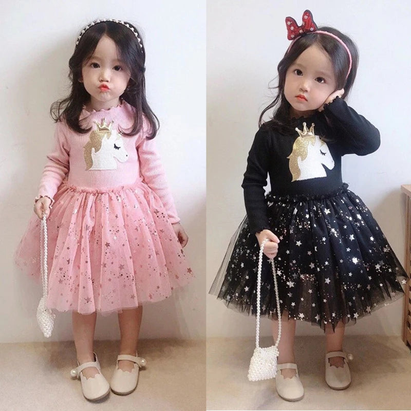 Baby Girl Cute Unicorn Dresses Summer Knitted Girls Dress Christmas Party Star Mesh Princess Dress Children Clothing