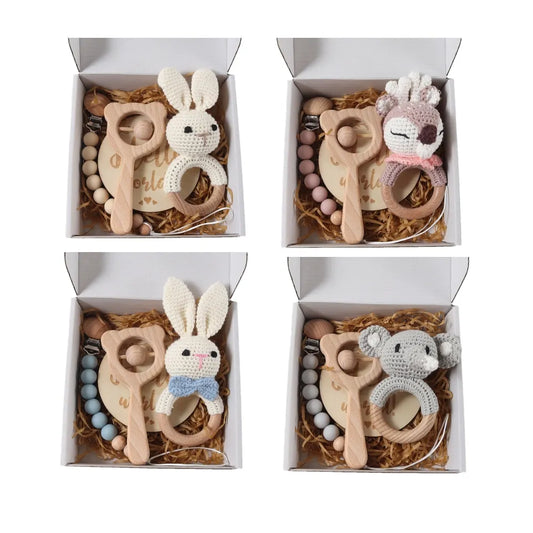Baby crochet rattle Pacifier Clip, Teether, Bunny teether and Elephant toy