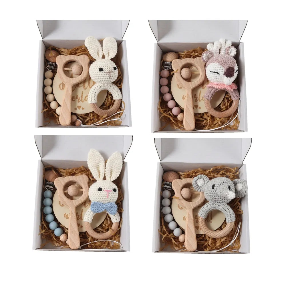 Baby crochet rattle Pacifier Clip, Teether, Bunny teether and Elephant toy