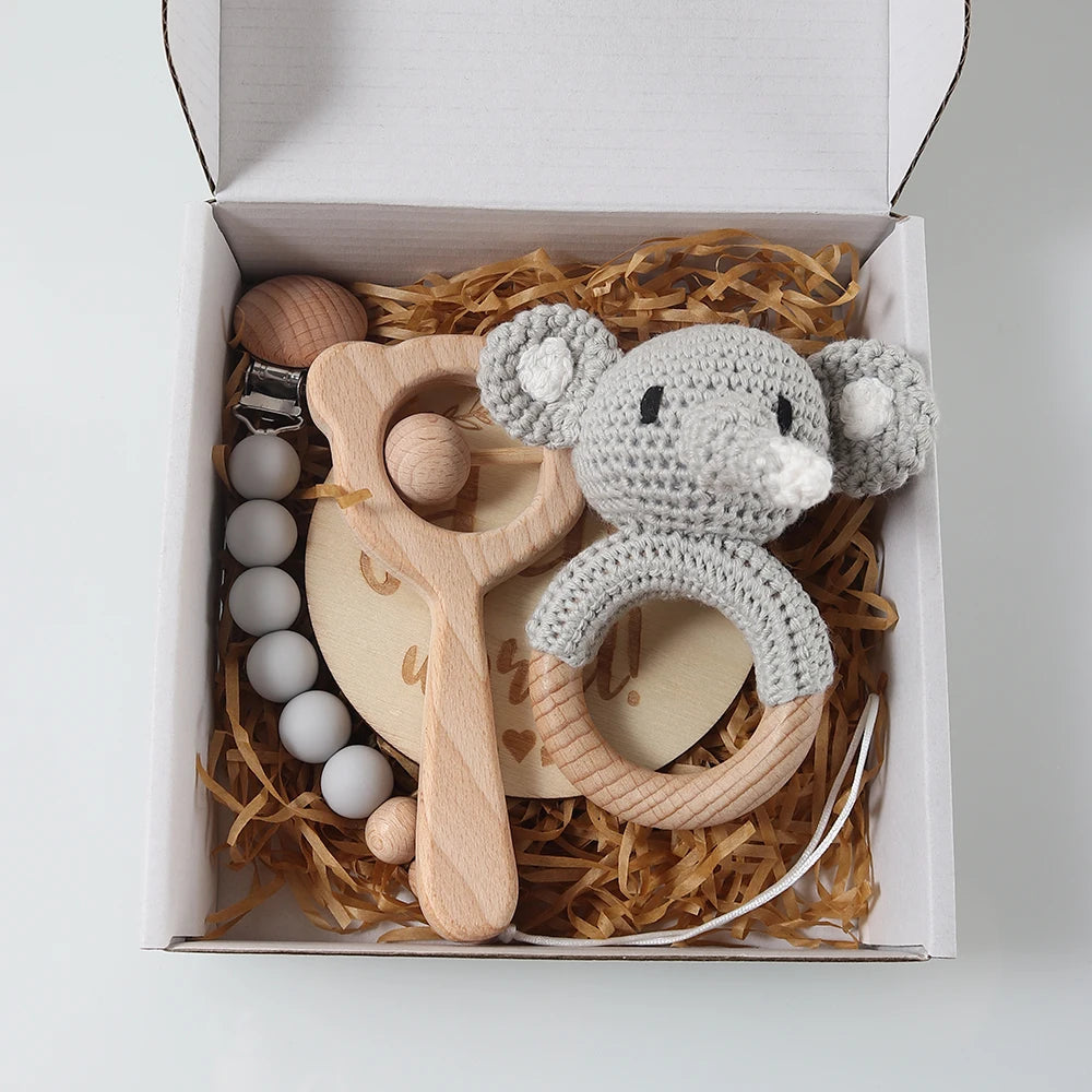 Baby crochet rattle Pacifier Clip, Teether, Bunny teether and Elephant toy