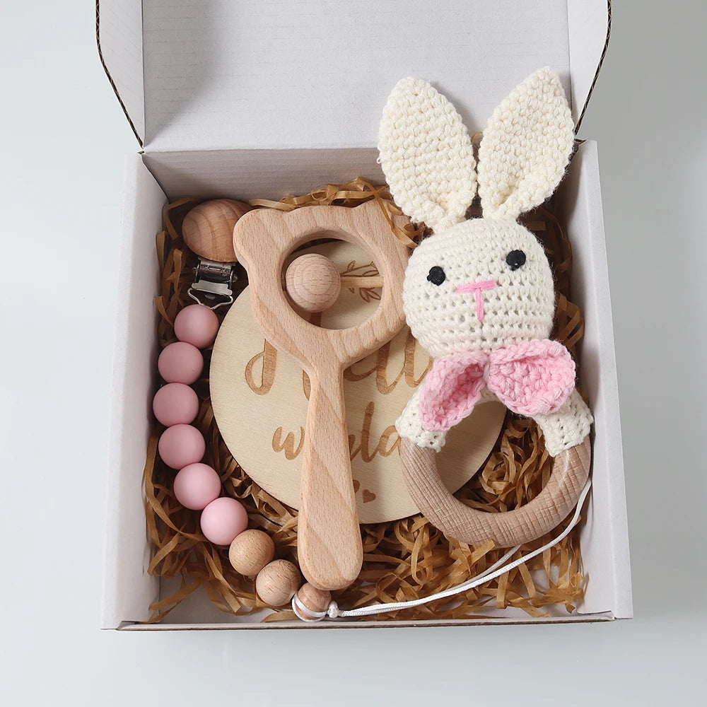 Baby crochet rattle Pacifier Clip, Teether, Bunny teether and Elephant toy