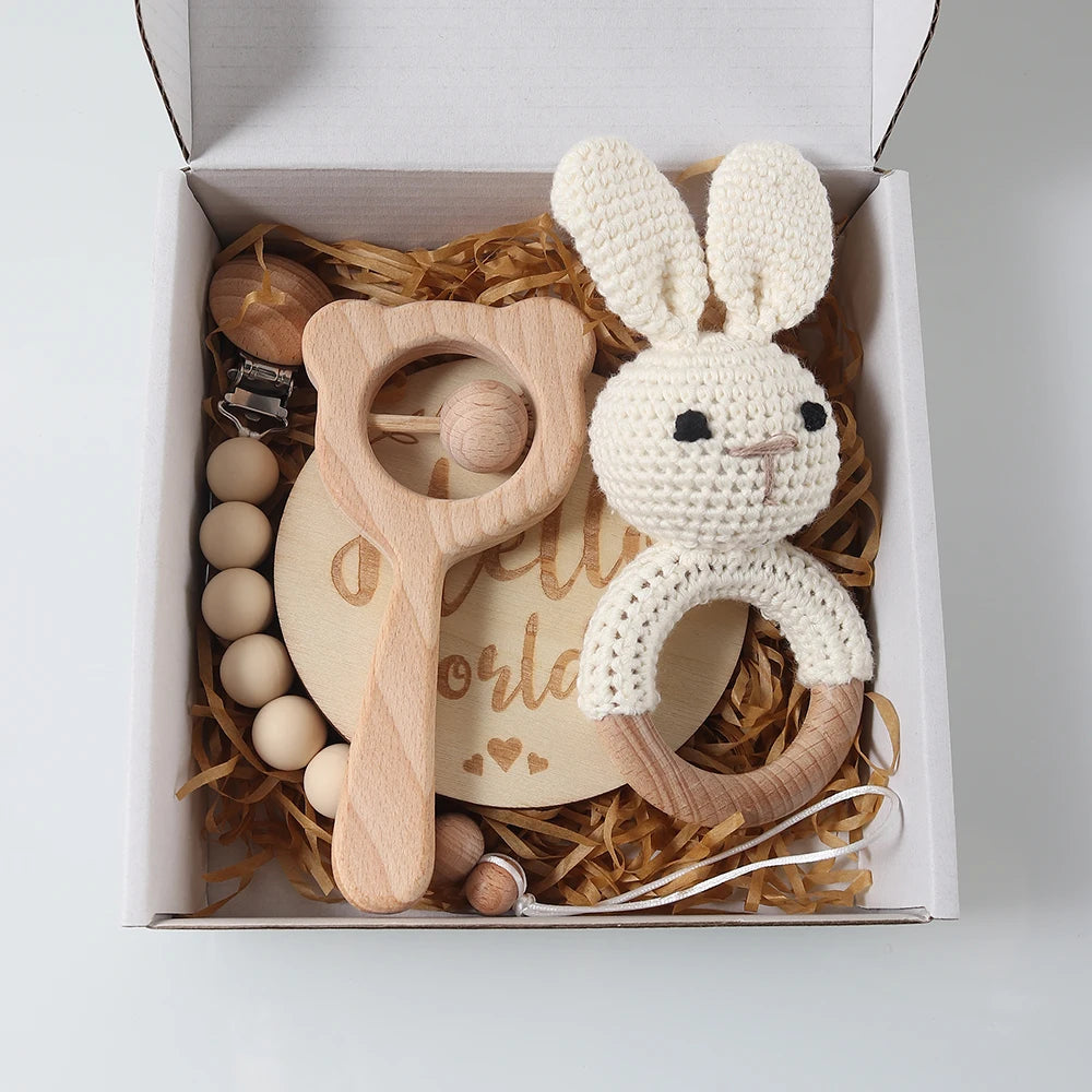 Baby crochet rattle Pacifier Clip, Teether, Bunny teether and Elephant toy
