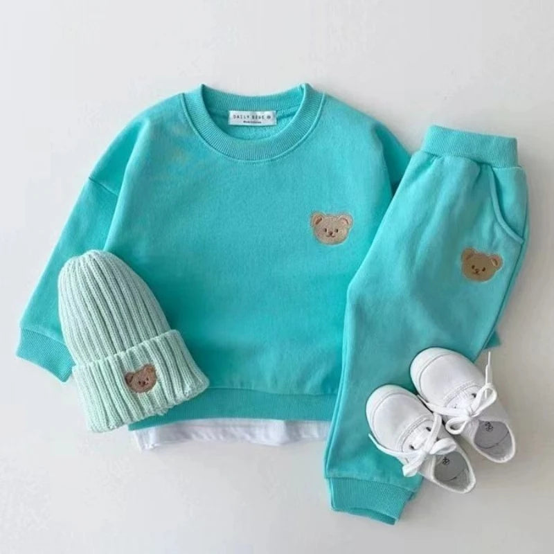 TZ21161 Korean Style children Toddler Fashionable Bear round Neck Sweatshirt Sports Pants Casual Outfit Set for Infants