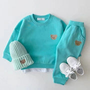 TZ21161 Korean Style children Toddler Fashionable Bear round Neck Sweatshirt Sports Pants Casual Outfit Set for Infants