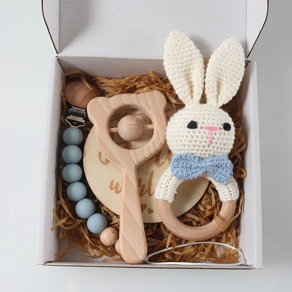 4pcs Newborn Gift Set - Baby crochet rattle Pacifier Clip, Teether, - bunny teether elephant toy photography background set