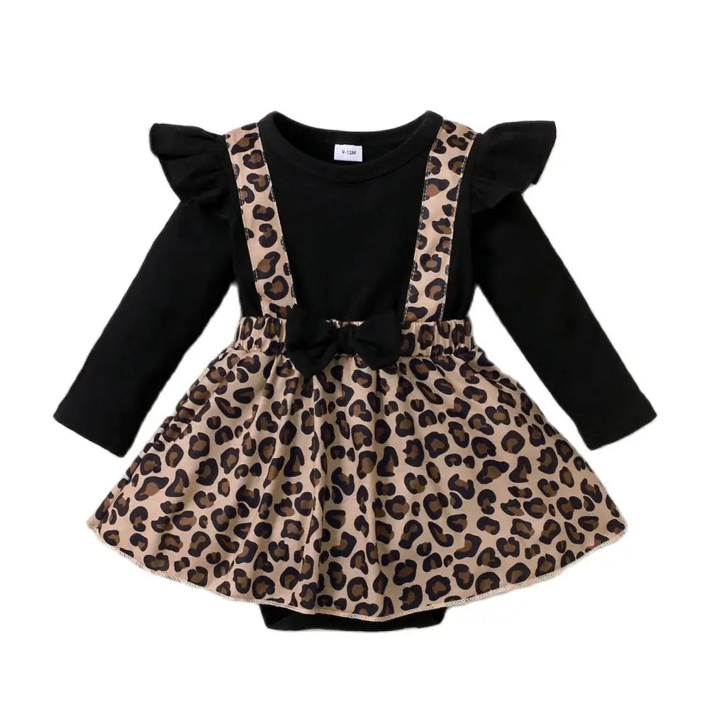 Newborn Baby Girl Leopard Print Dress Onesie with Bow