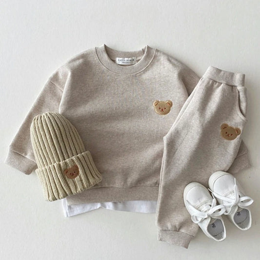 TZ21161 Korean Style children Toddler Fashionable Bear round Neck Sweatshirt Sports Pants Casual Outfit Set for Infants