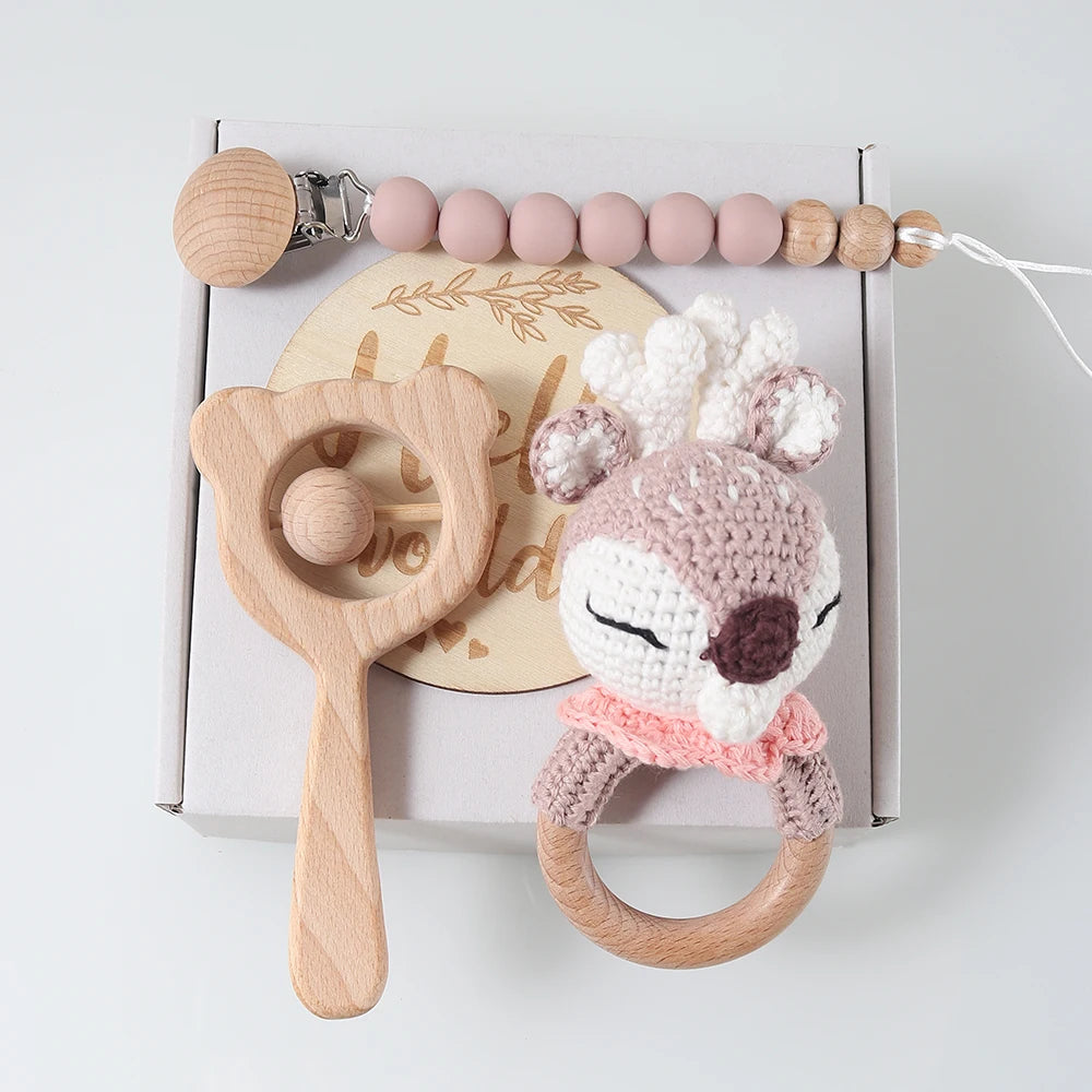 Baby crochet rattle Pacifier Clip, Teether, Bunny teether and Elephant toy