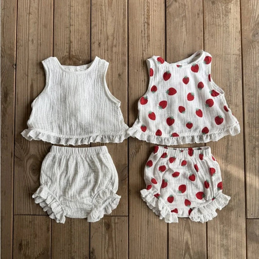 TZ2631 Korean Style Summer Baby Girl Cotton Soft Lace Edge Solid Color Strawberry Vest Large P Shorts Set Baby Outfit