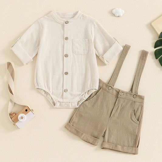 Boys Solid Button Pocket Cotton Linen Bodysuits + Suspender Shorts