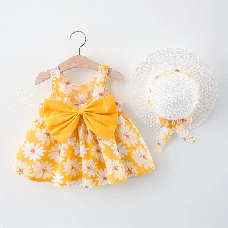 Summer Baby Girl Cotton Suspender Dress & Sun Hat