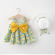Summer Baby Girl Cotton Suspender Dress & Sun Hat