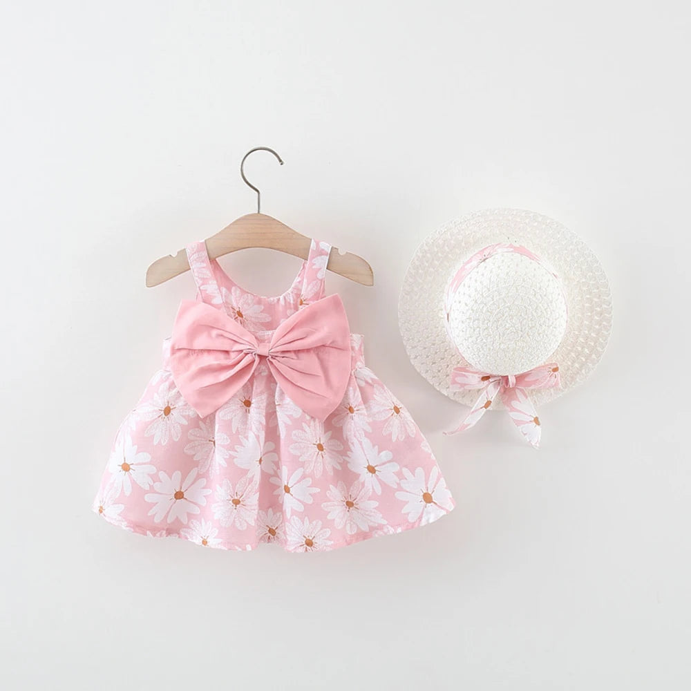 Summer Baby Girl Cotton Suspender Dress & Sun Hat