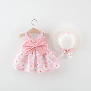 Summer Baby Girl Cotton Suspender Dress & Sun Hat
