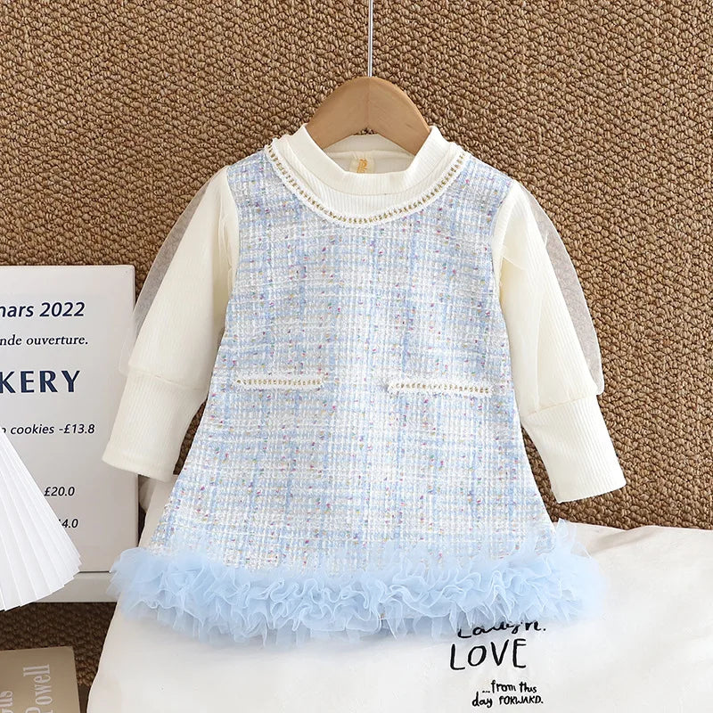 Autumn Baby Girl Plaid Mesh Patchwork Dress