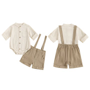 Baby clothing Boys Solid Button Pocket Cotton Linen Bodysuits+Suspender Shorts Set Newborn Outfits 0-24M