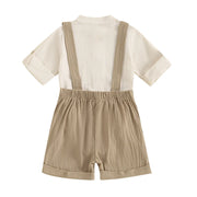 Baby clothing Boys Solid Button Pocket Cotton Linen Bodysuits+Suspender Shorts Set Newborn Outfits 0-24M