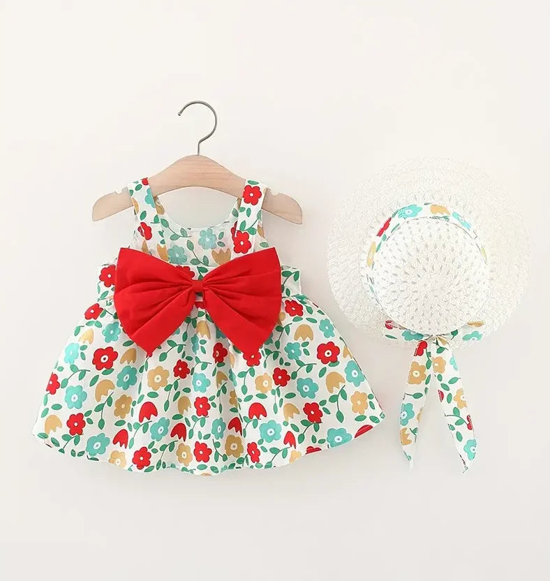 Summer Baby Girl Cotton Suspender Dress & Sun Hat
