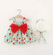 Summer Baby Girl Cotton Suspender Dress & Sun Hat