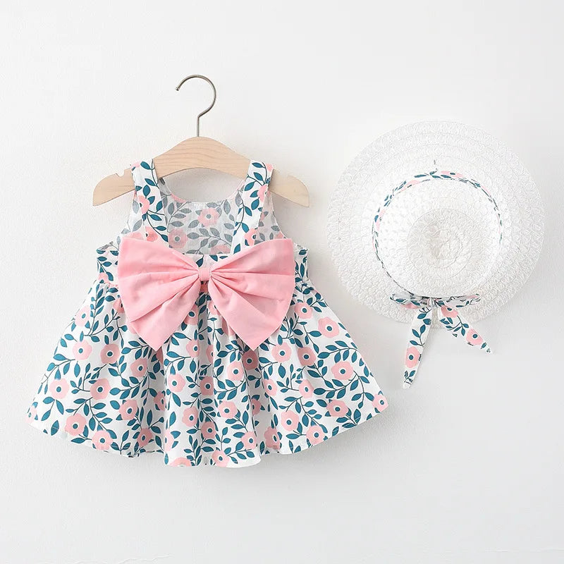Summer Baby Girl Cotton Suspender Dress & Sun Hat