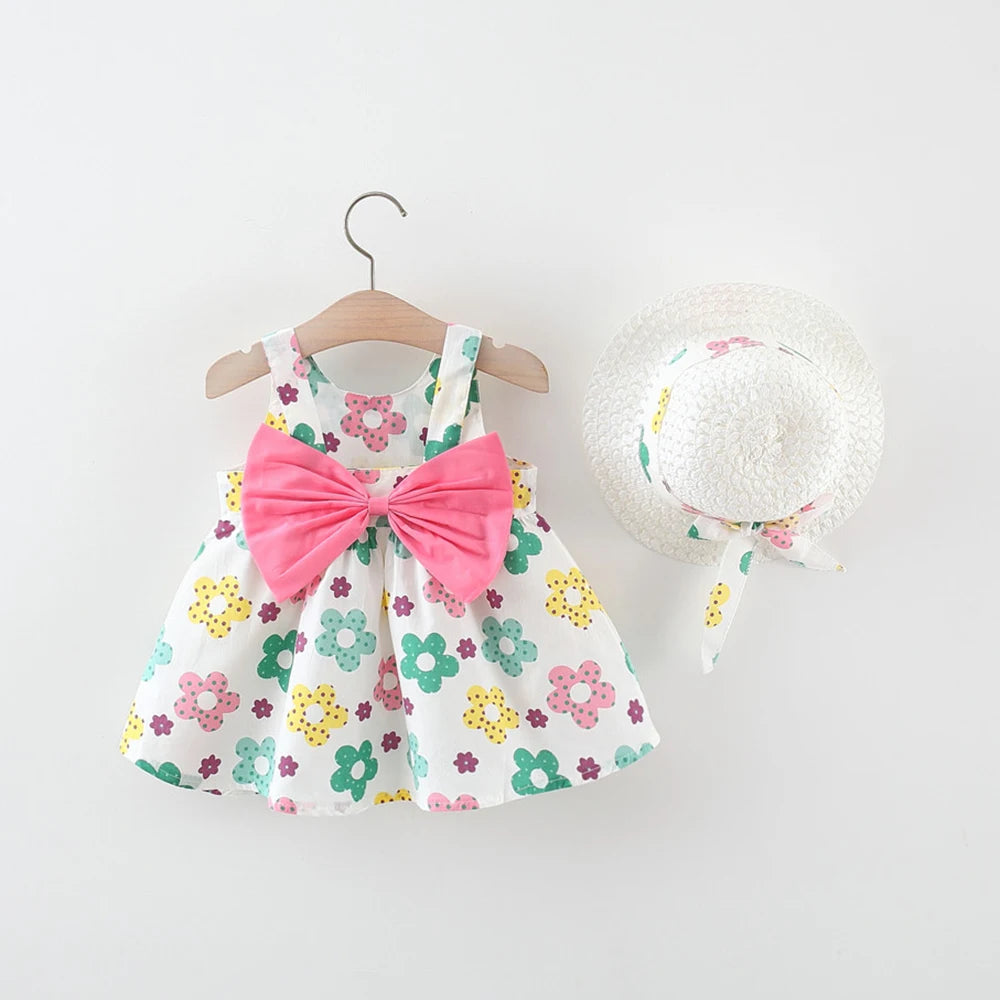Summer Baby Girl Cotton Suspender Dress & Sun Hat