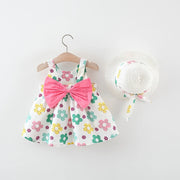 Summer Baby Girl Cotton Suspender Dress & Sun Hat