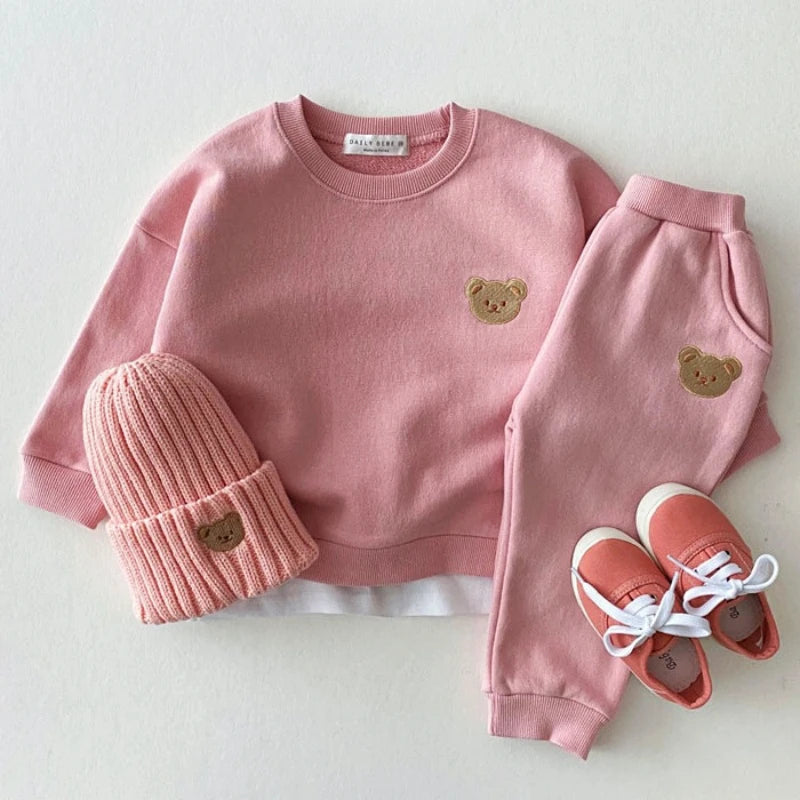 TZ21161 Korean Style children Toddler Fashionable Bear round Neck Sweatshirt Sports Pants Casual Outfit Set for Infants