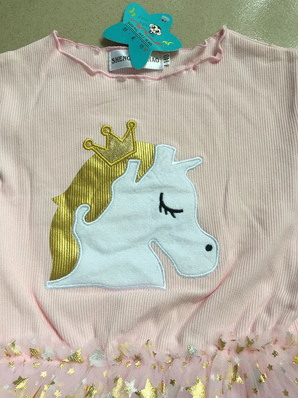Baby Girl Cute Unicorn Dresses Summer Knitted Girls Dress Christmas Party Star Mesh Princess Dress Children Clothing