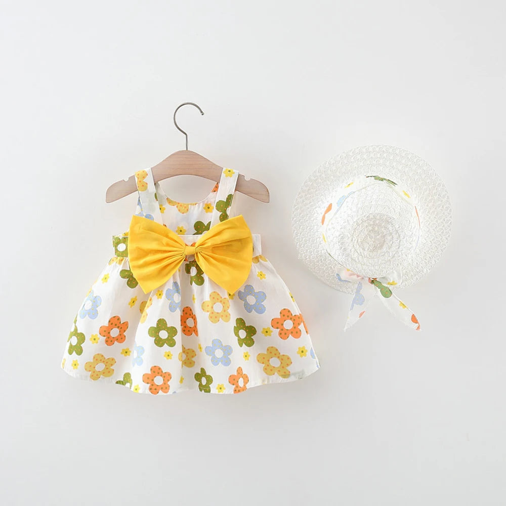 Summer Baby Girl Cotton Suspender Dress & Sun Hat