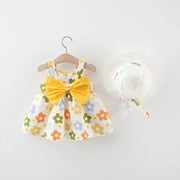 Summer Baby Girl Cotton Suspender Dress & Sun Hat