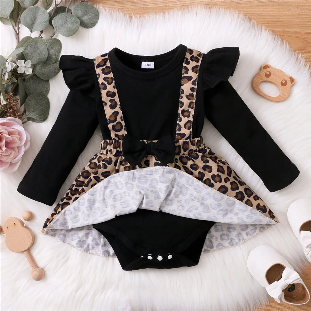 Newborn Baby Girl Leopard Print Dress Onesie with Bow